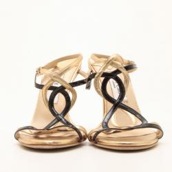 Pre Owned Jimmy Choo Black and Gold Leather Strappy Sandals Size 39