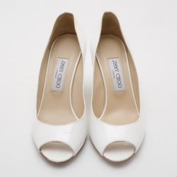 Pre Owned Jimmy Choo White Patent Baxen Peep-Toe Wedges Size 37