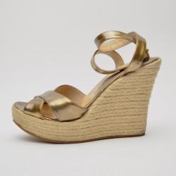 Pre Owned Jimmy Choo Bronze Leather Espadrille Wedge Sandals Size 40