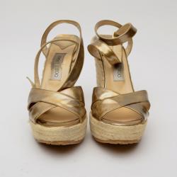 Pre Owned Jimmy Choo Bronze Leather Espadrille Wedge Sandals Size 40