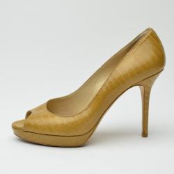 مملوكة مسبقًا Jimmy Choo Snakeskin Nude Patent Peep Toe Pumps Size 39