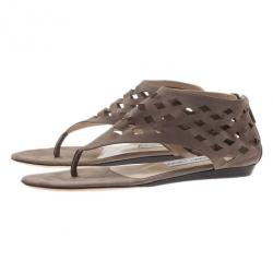 Pre Owned Jimmy Choo Beige Suede Cutout Gladiator Flat Sandals Size 37.5