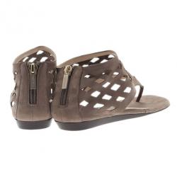Pre Owned Jimmy Choo Beige Suede Cutout Gladiator Flat Sandals Size 37.5