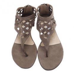 Pre Owned Jimmy Choo Beige Suede Cutout Gladiator Flat Sandals Size 37.5
