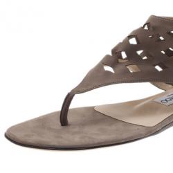 Pre Owned Jimmy Choo Beige Suede Cutout Gladiator Flat Sandals Size 37.5