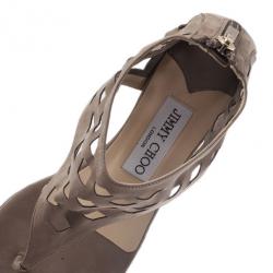 Pre Owned Jimmy Choo Beige Suede Cutout Gladiator Flat Sandals Size 37.5