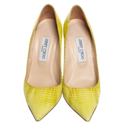 Pre Owned حذاء كعب عالي جيمي تشو ابيل مقدمة مدببة جلد ثعبان أصفر مقاس 38