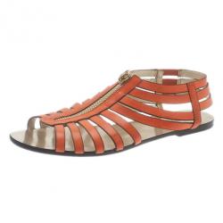 Pre Owned Jimmy Choo Orange Leather Wish Zip Cage Flat Sandals Size 39