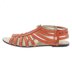 Pre Owned Jimmy Choo Orange Leather Wish Zip Cage Flat Sandals Size 39
