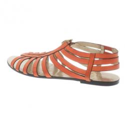 Pre Owned Jimmy Choo Orange Leather Wish Zip Cage Flat Sandals Size 39