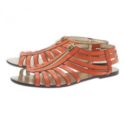 Pre Owned Jimmy Choo Orange Leather Wish Zip Cage Flat Sandals Size 39