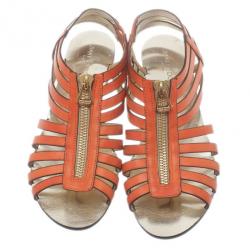 Pre Owned Jimmy Choo Orange Leather Wish Zip Cage Flat Sandals Size 39