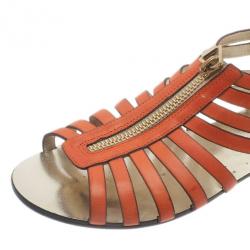 Pre Owned Jimmy Choo Orange Leather Wish Zip Cage Flat Sandals Size 39