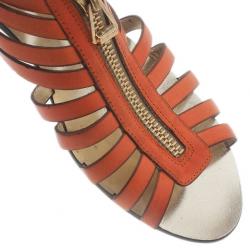 Pre Owned Jimmy Choo Orange Leather Wish Zip Cage Flat Sandals Size 39