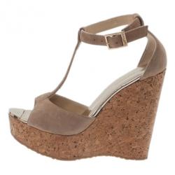مملوكة مسبقًا Jimmy Choo Beige Suede Pela Cork Wedge Sandals Size 37