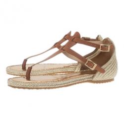 Pre Owned Jimmy Choo Brown Leather Pabla T-Strap Sandals Size 37.5