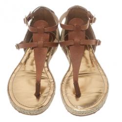 Pre Owned Jimmy Choo Brown Leather Pabla T-Strap Sandals Size 37.5