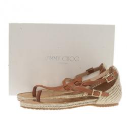Pre Owned Jimmy Choo Brown Leather Pabla T-Strap Sandals Size 37.5