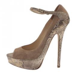 مملوكة مسبقًا Jimmy Choo Beige Python and Suede Tami Peep Toe Ankle Strap Pumps Size 39.5