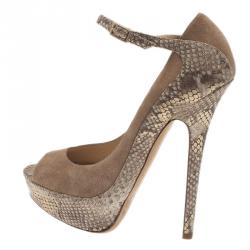 مملوكة مسبقًا Jimmy Choo Beige Python and Suede Tami Peep Toe Ankle Strap Pumps Size 39.5