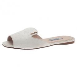 مملوكة مسبقًا Prada White Ostrich Leather Flat Slides Size 37