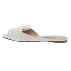 مملوكة مسبقًا Prada White Ostrich Leather Flat Slides Size 37