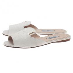 مملوكة مسبقًا Prada White Ostrich Leather Flat Slides Size 37