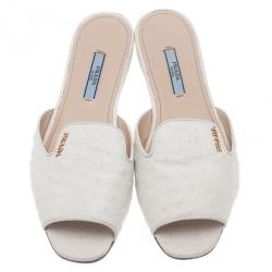 مملوكة مسبقًا Prada White Ostrich Leather Flat Slides Size 37