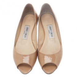 Pre Owned Jimmy Choo Nude Patent Beck Peep Toe Ballet Flats Size 37