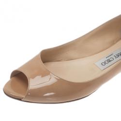 Pre Owned Jimmy Choo Nude Patent Beck Peep Toe Ballet Flats Size 37