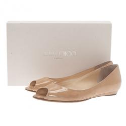 Pre Owned Jimmy Choo Nude Patent Beck Peep Toe Ballet Flats Size 37