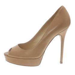 Pre Owned Jimmy Choo Beige Leather Crown Peep Toe Platform Pumps Size 37