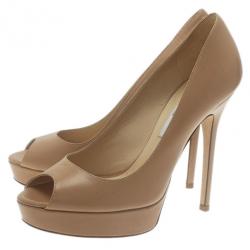 Pre Owned Jimmy Choo Beige Leather Crown Peep Toe Platform Pumps Size 37