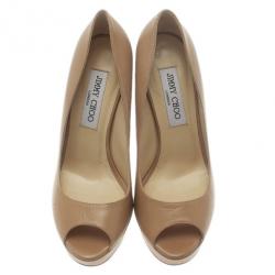 Pre Owned Jimmy Choo Beige Leather Crown Peep Toe Platform Pumps Size 37