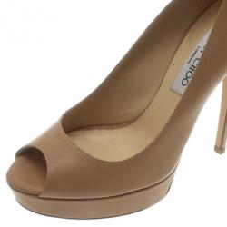 Pre Owned Jimmy Choo Beige Leather Crown Peep Toe Platform Pumps Size 37