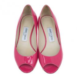 Pre Owned Jimmy Choo Pink Patent Bergen Peep Toe Wedges Size 38