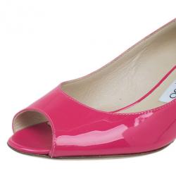 Pre Owned Jimmy Choo Pink Patent Bergen Peep Toe Wedges Size 38