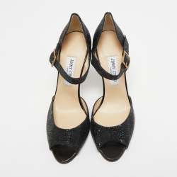Pre Owned Jimmy Choo Black Coarse Glitter Peep Toe Ankle Strap Pumps Size 40.5