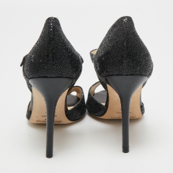 Pre Owned Jimmy Choo Black Coarse Glitter Peep Toe Ankle Strap Pumps Size 40.5