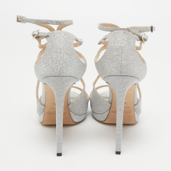Pre Owned Jimmy Choo Silver Glitter Lance Platform Sandals Size 38.5