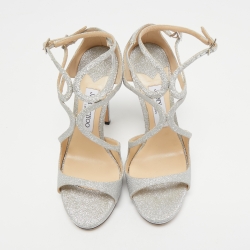 Pre Owned Jimmy Choo Silver Glitter Lance Platform Sandals Size 38.5