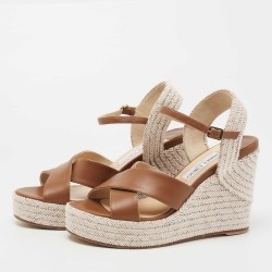 Pre Owned Jimmy Choo Brown Leather Dellena Wedge Sandals Size 38.5