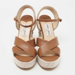 Pre Owned Jimmy Choo Brown Leather Dellena Wedge Sandals Size 38.5