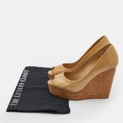 Pre Owned Jimmy Choo Beige Patent Leather Peep Toe Cork Platform Wedge Pumps Size 36