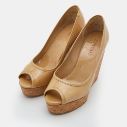 Pre Owned Jimmy Choo Beige Patent Leather Peep Toe Cork Platform Wedge Pumps Size 36