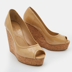 Pre Owned Jimmy Choo Beige Patent Leather Peep Toe Cork Platform Wedge Pumps Size 36