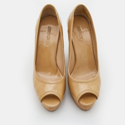Pre Owned Jimmy Choo Beige Patent Leather Peep Toe Cork Platform Wedge Pumps Size 36