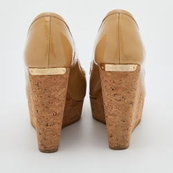 Pre Owned Jimmy Choo Beige Patent Leather Peep Toe Cork Platform Wedge Pumps Size 36