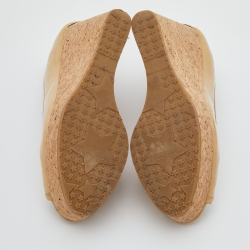 Pre Owned Jimmy Choo Beige Patent Leather Peep Toe Cork Platform Wedge Pumps Size 36