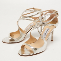 Pre Owned Jimmy Choo Silver Leather Ivette Ankle Strap Sandals Size 37